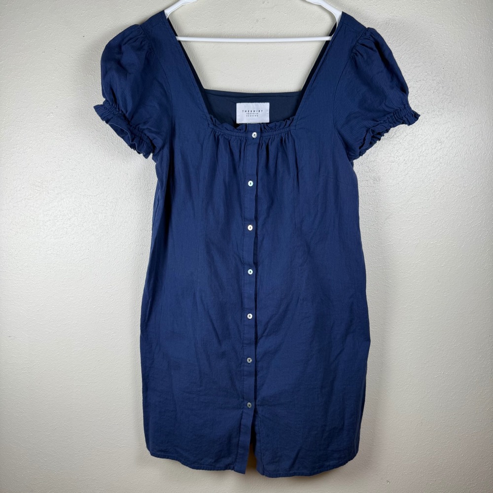 THE SHIRT Rochelle Behrens Navy Blue Cotton Puff Sleeve Button Mini Dress M